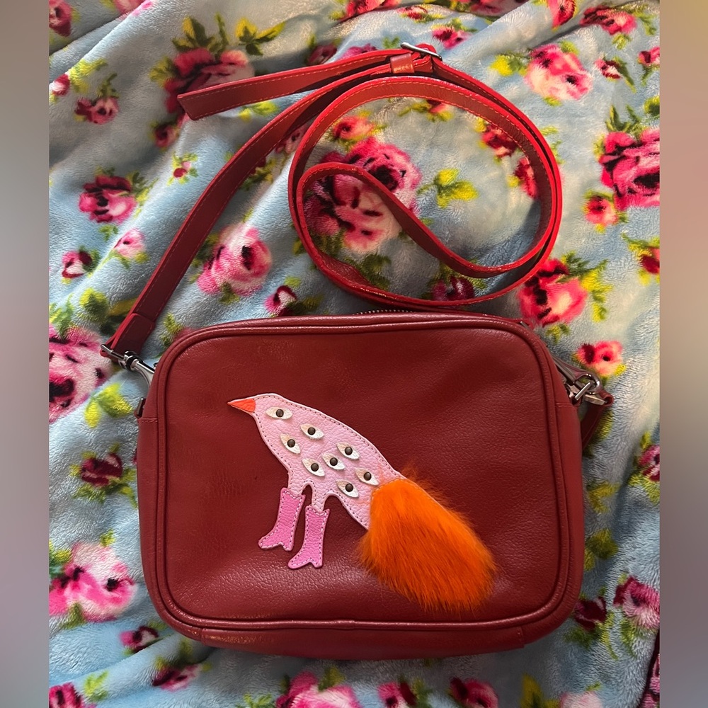 Min & Mon embellished bird in boots dark red leather crossbody bag EUC